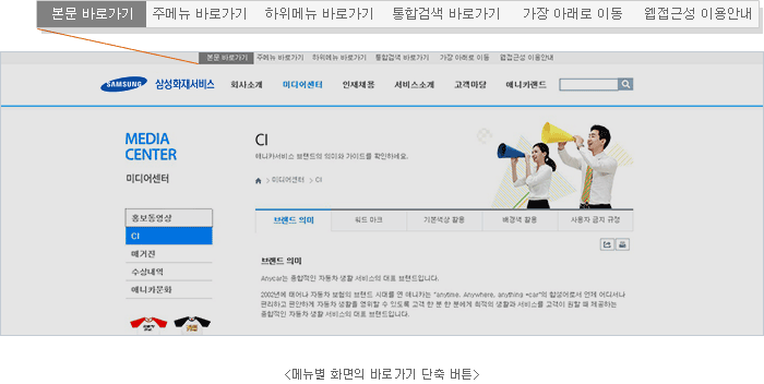 메뉴별 화면의 바로가기 단축 버튼
